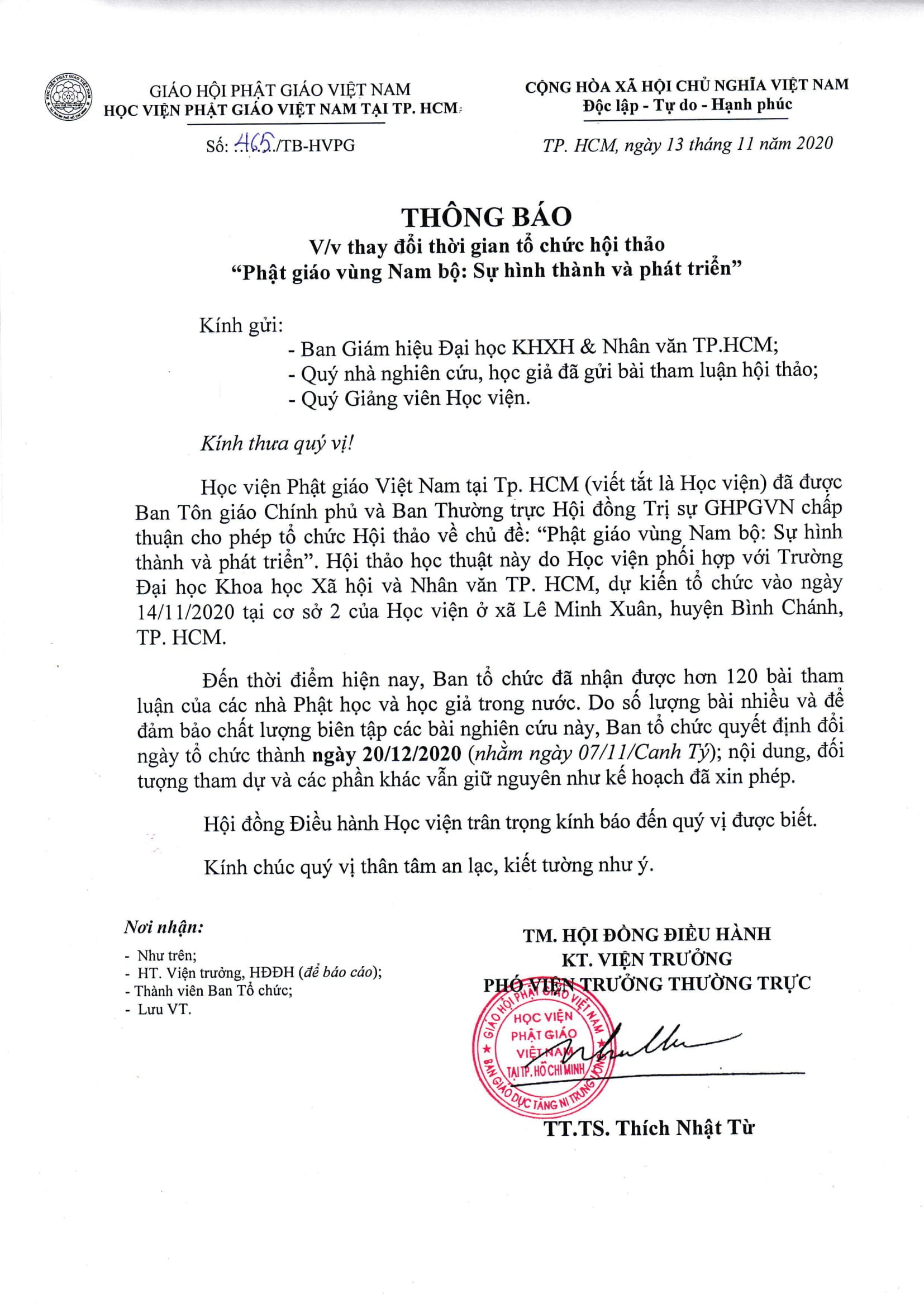 Thông báo: V/v Thay đổi thời gian tổ chức Hội thảo "Phật giáo Nam Bộ: Sự hình thành và phát triển"