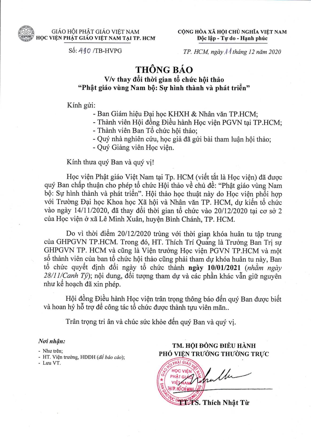 THÔNG BÁO  V/v: Thay đổi thời gian tổ chức Hội thảo “Phật giáo vùng Nam Bộ: Sự hình thành và phát triển” (10/01/2021)