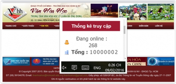 Website vanhoahoc đạt tr&ecirc;n 10 triệu lượt truy cập v&agrave;o ng&agrave;y 9-2-2016
